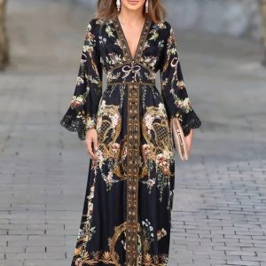 Camilla Australia Black Vintage Print Classic V-Neck Smocked/Cinch-Waist Silk Maxi Dress