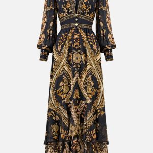 Australian Camilla Vintage Print V-Neck Long Sleeve Maxi Dress